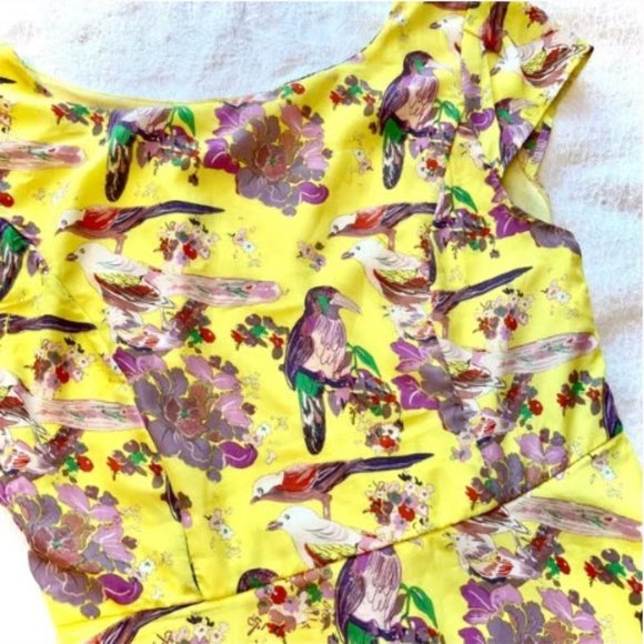 Sophia Chrome Yellow Bird Print Dress, S - Picture 5 of 10